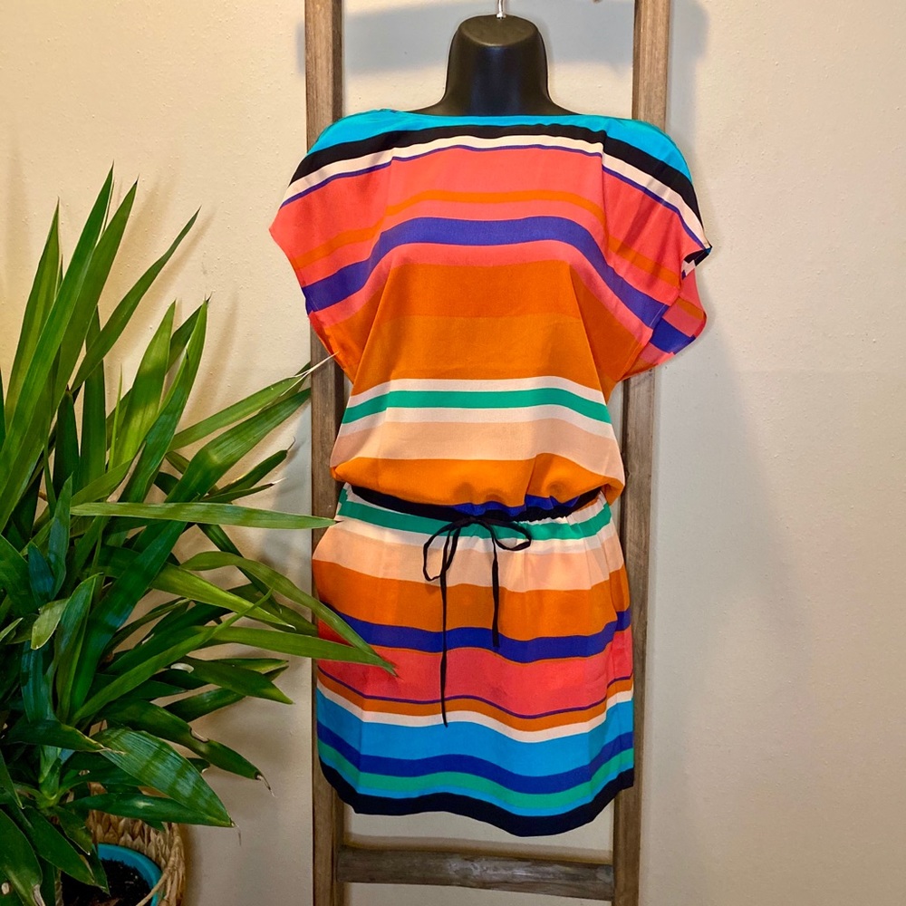 Colorful 100% Silk Mini Dress W/ Open Back Size SM
